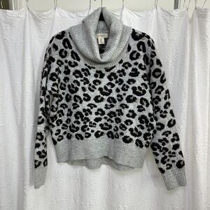Leopard Print Sweater Cowl Neck Pullover Grey, Black, Tan Mob Wife Size M